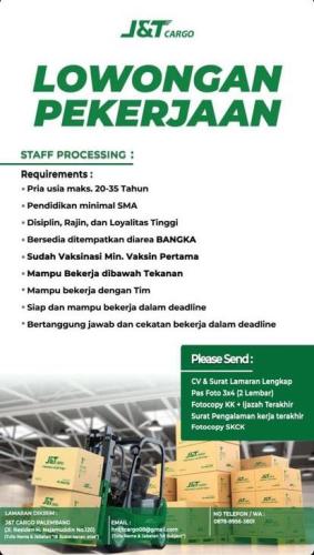 info Loker Staff Prosesing-jntcargopalembang-Bangka