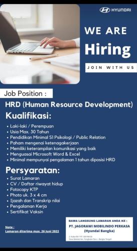 info Loker HRD/Human Resource Development-PT JAGORAWI MOBILINDO PERKASA-Hyundai Bangka