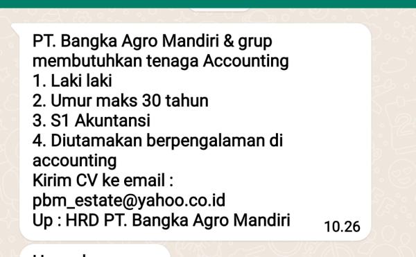 info Loker Accounting-PT Bangka Agro Mandiri-Mendo Barat