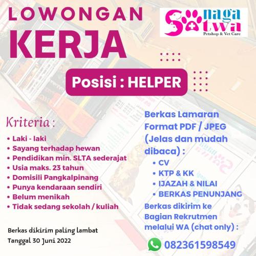 info Loker Helper-Nagasatwa Petshop Vetcare-Pangkalpinang