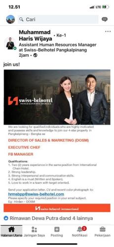info Loker Director of Sales & Marketing,Executive Chef & FB Manger-SwissBelHotel Pangkalpinang