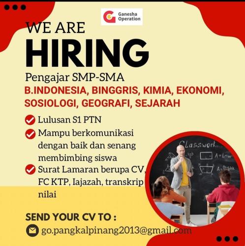 Info Loker Pengajar SMP dan SMA-Ganesha Operation-Pangkalpinang