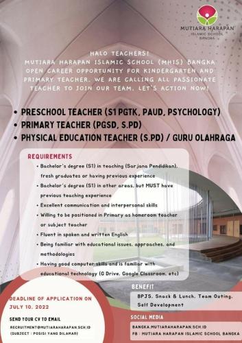 info Loker Physical Education Teacher,Preschool Teacher, Primary Teacher-Mutiara Harapan Islamic School-Pangkalpinang