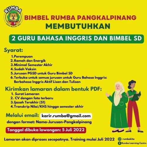 info Loker Guru Bahasa Inggris @ Bimbel SD-Rumba Pangkalpinang