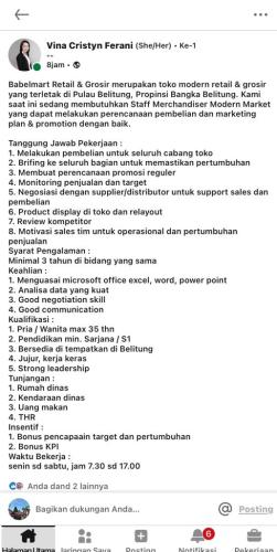 info Loker Staff Merchandiser Modern Market -BabelMart Retail & Grosir-Pulau Belitung