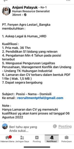 info Loker Askep Legal-Humas HRD-PT Fenyen Agro Lestari Bangka