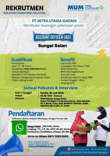 info Loker Account Oficer-PT Mitra Utama Madani-Penempatan Sungaiselan & Sungailiat