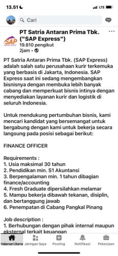 info Loker Finance Officer-SAP EXPRESS-penempatan Pangkalpinang