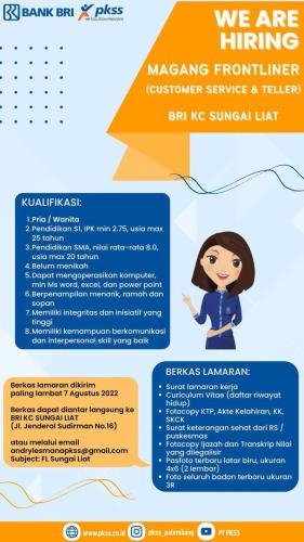 info Magang Frontliner(customer Service & Teller)-PKSS Palembang-penempatan BRI KC Sungailiat
