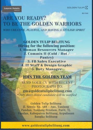 info Loker Human Resources Manager,Commis II(cold/hot/pastry),FB Sales Executive,IT Staf & Desain Graphic,Duty Manager-GOLDEN TULIP-Belitung