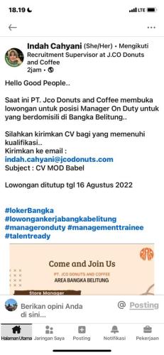 info Loker Store Manager & Management Trainee-PT JCO Donuts and Coffee-Area Bangka Belitung