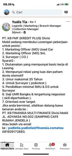 info Loker Surveyor,marketing Use Car & Marketing Sales/Leaave back-Kredit Plus-Pangkalpinang