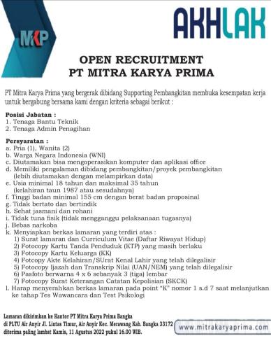 info Loker Tenaga Bantu Teknik & Tenaga Admin Penagihan-PT Mitra Karya Prima-Bangka