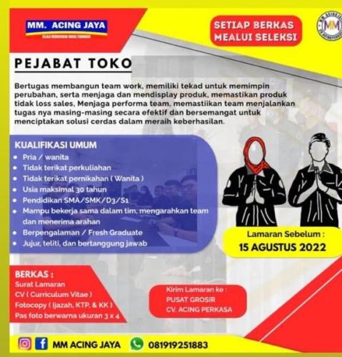 info Loker Pejabat Toko-MM Acing Jaya-Pangkalpinang