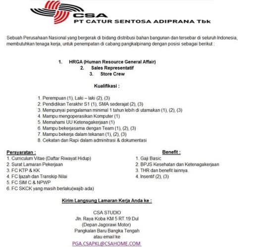 info Loker Human Resource General Affair/HRGA,Sales Representative & Store Crew-PT Catur SEntosa Adiprana-Pangkalanbaru-Bangka Tengah