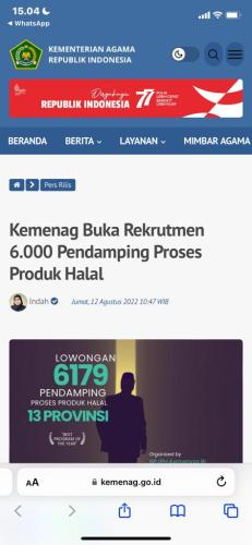 info Rekrutmen sebagai Pendamping PROSES PRODUK HALAL/PPH-KEMENTERIAN AGAMA RI-Bangka Belitung peroleh 33 personil