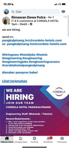 info Loker Engineering Staff(mekanik/teknisi)-Cordela Hotel-Pangkalpinang