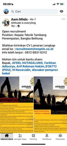 info Loker Kepala Teknik Tambang-Arsari Tambang-Bangka Belitung