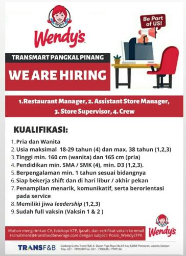 info Loker Restaurant Manager,Assistant Store Manager,Store Supervisor & Crew-Wendys-Pangkalpinang