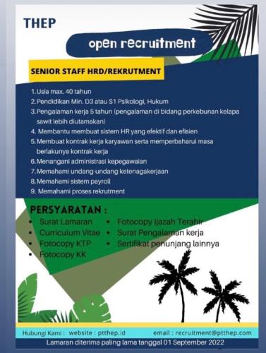 info Loker Senior Staf HRD/Recruitment-PT THEP-Bangka