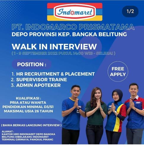  info Loker HR Recruitment & Placement,Supervisor Traine & Admin Apoteker-Indomaret Bangka