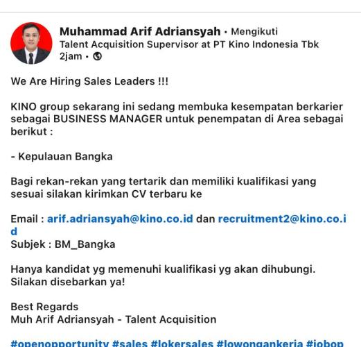 info Loker Business Manager-PT Kino Indonesia Tbk-Bangka
