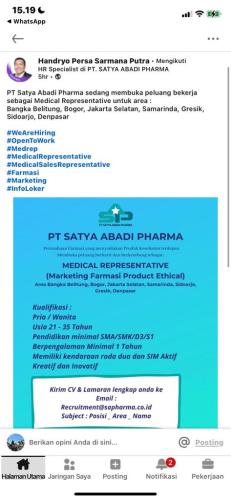 info Loker Medical Representative-PT Satya Abadi Pharma-Bangka Belitung
