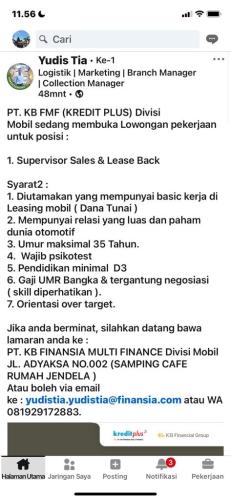 info Loker Supervisor Sales & Lease Back(divisi mobil)-PT KB FMF/kredit Plus-Pangkalpinang