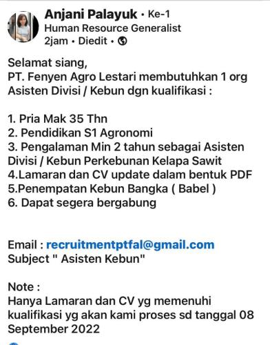 info Loker Asisten Divisi/Kebun-PT Fenyen Agro Lestari-Bangka