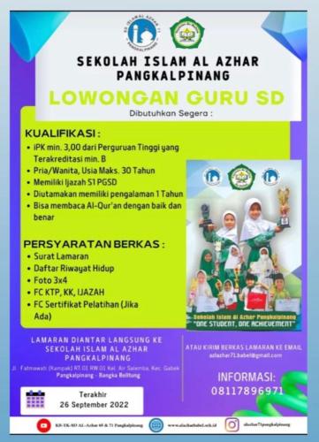 info Loker Guru SD-Sekolah Islam Al Azhar-Pangkalpinang