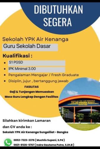 info Loker Guru Sekolah Dasar-YPK Air Kenanga-Sungailiat Bangka