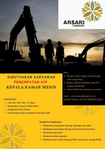 info Loker Kepala Kamar Mesin-ARSARI Tambang-Bangka