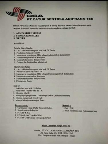 info Loker Admin Store,Store Crew/Sales & Driver-PT Catur Sentosa Adiprana Tbk/CSA