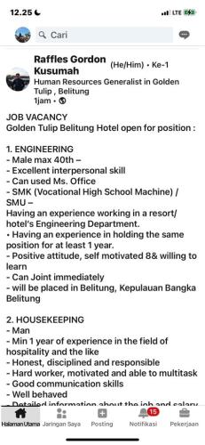 info Loker Engineering dan Housekeeping-Hotel Resor Golden Tulip-Tanjungpandan-Belitung