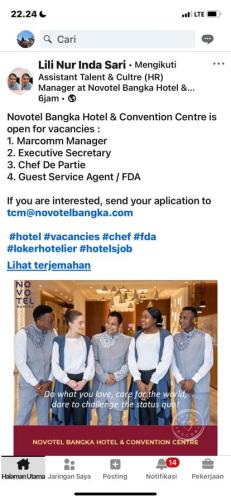 info Loker Marcomm Manager,Executive Secretary,Cheft De Partie & Guest Service Agent/FDA-Novotel Bangka Hotel