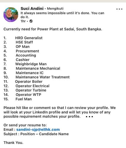 info Loker 15 posisi-Power Plant at Sadai-South Bangka