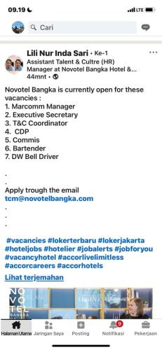 info Loker Marcomm manager,Executive Secretary,T&C Coordinator,CDP,Commis,Bartender & DW Bell Driver-Novotel Bangka Hotel & convention Center