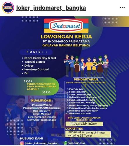 info Loker Strore Crew Boy & Girl,Teknisi Mesin,Driver,Inventory Control-Indomaret Bangka Belitung