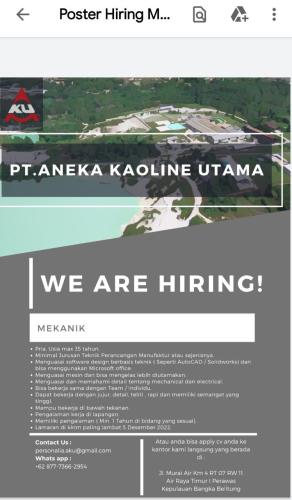 info Loker Mekanik-PT Aneka kaolin Utama-Perawas-Belitung