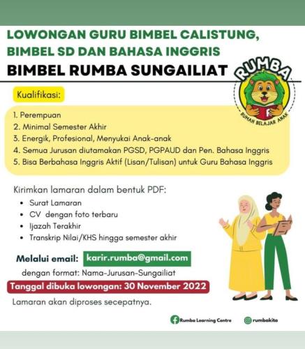 info Loker Guru Bimbel SD dan Bahasa Inggris-Bimbel Calsitung-penempatan Sungailiat