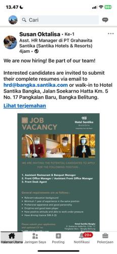 info Loker Asst Restaurant & Banquet Manager,Front Office Manager/Asst Front Office Manager,Front Desk Agent-Hotel Santika-Bangka