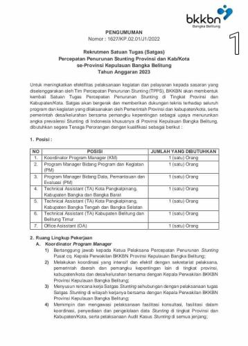 info Rekrutment SATUAN TUGAS/Satgas Percepatan Penurunan Stunting Provinsi & Kab/kota se-Provinsi Kepulauan Bangka Belitung Tahun Anggaran 2023
