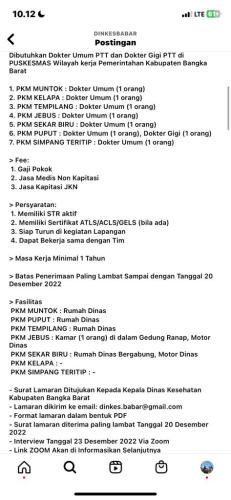 info Loker dokter Umum PTT dan dokter Gigi PTTdi Puskesmas Wilayah Kerja kabupaten Bangka Barat-Dinas Kesehatan Bangka Barat