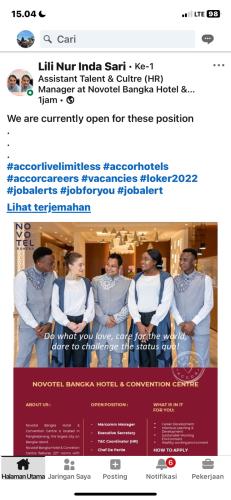 info Loker Marcomm Manager,Executive Secretary,T& C Coordinator/HR,Chef De Partie,Bartender & DW Cook-Novotel Bangka Hotel