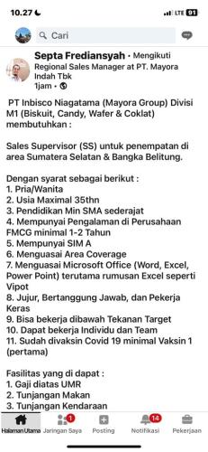 info Loker SALES SUPERVISOR-PT inbisco Niagatama/Mayora Group Divisi M1-Penempatan Sumatera Selatan & Bangka Belitung