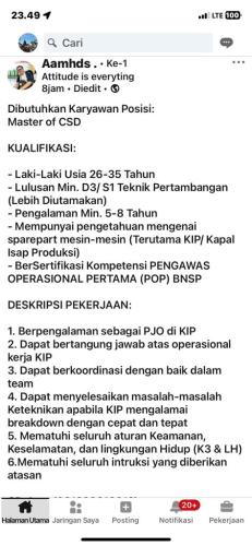 info Loker MASTER of CSD-Arsari Tambang-Bangka