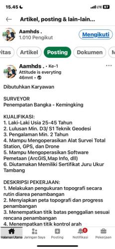 info Loker SURVEYOR-ARSARI TAMBANG-penempatan Bangka-Kemingking