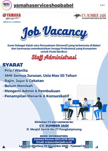 info Loker STAFF ADMINISTRASI-Yamaha Servis Shop Babel-Pangkalpinang