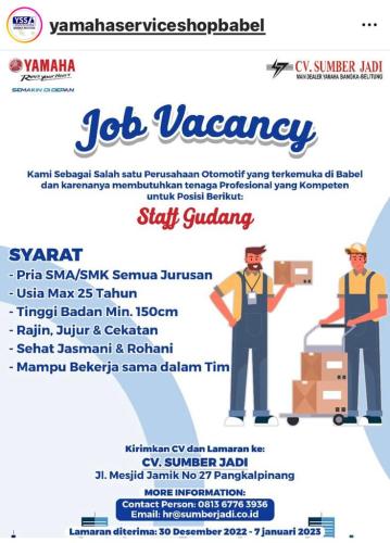 info Loker STAFF GUDANG-Yamaha Service Shop Babel-Pangkalpinang