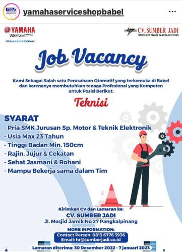 info Loker TEKNISI-Yamaha Service Shop Babel-Pangkalpinang